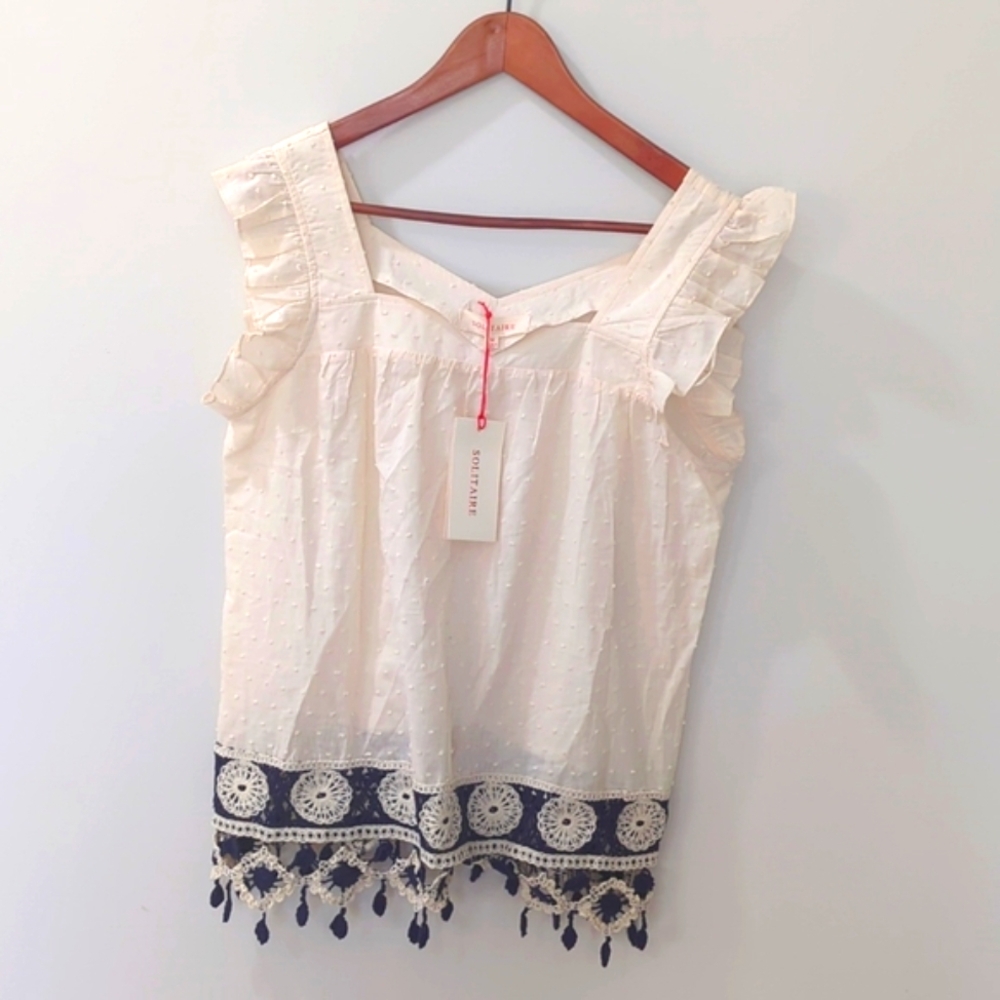 Solitaire Cream Crochet Ruffle Sleeve Top NWT